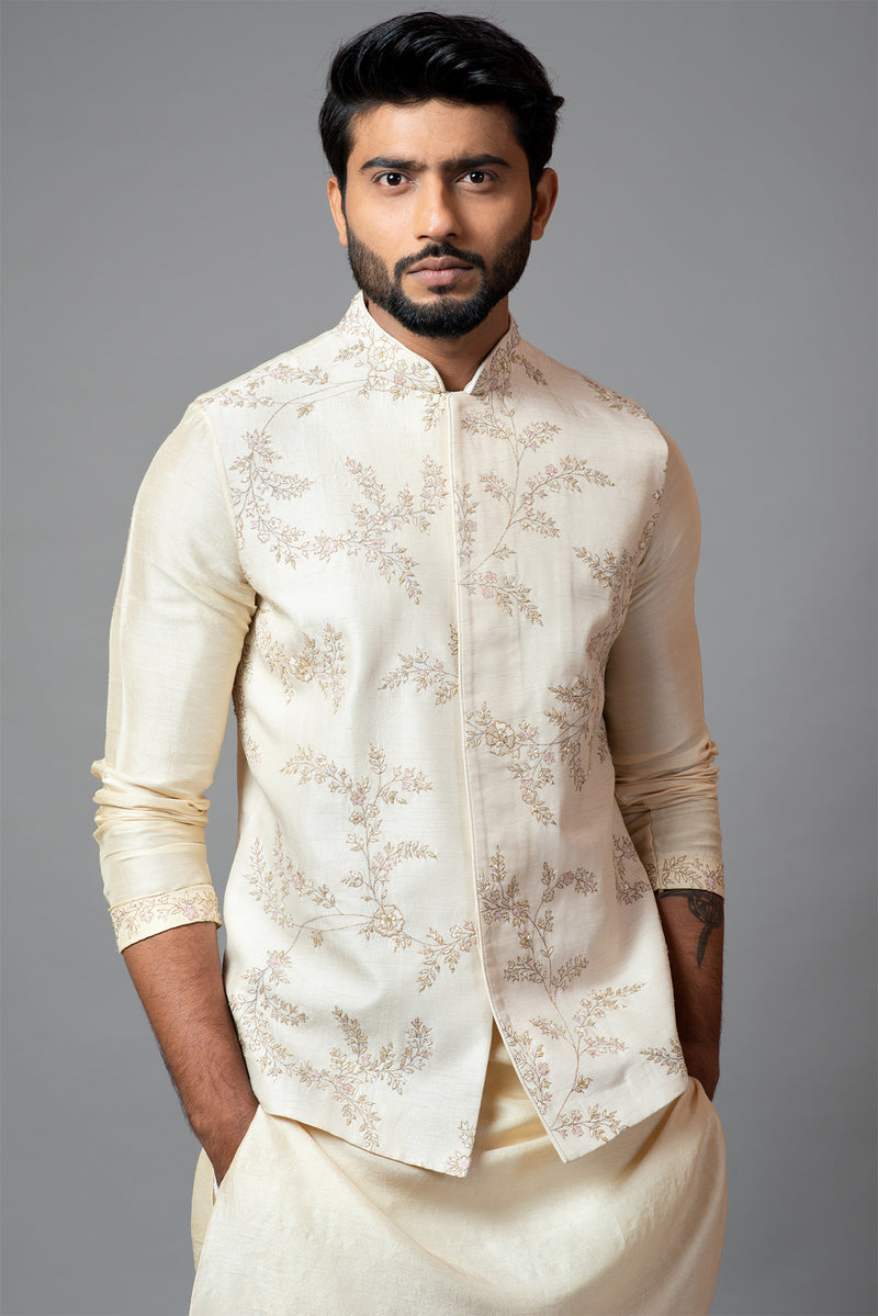Off white Nehru Sacket with Delicate Jaal Embroidery Paired with a Tonal Kurta Set