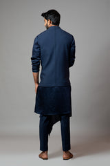 Navy Blue Kora Nehru  jacket with Mughal inspired embroidery paired with a drape kurta  set