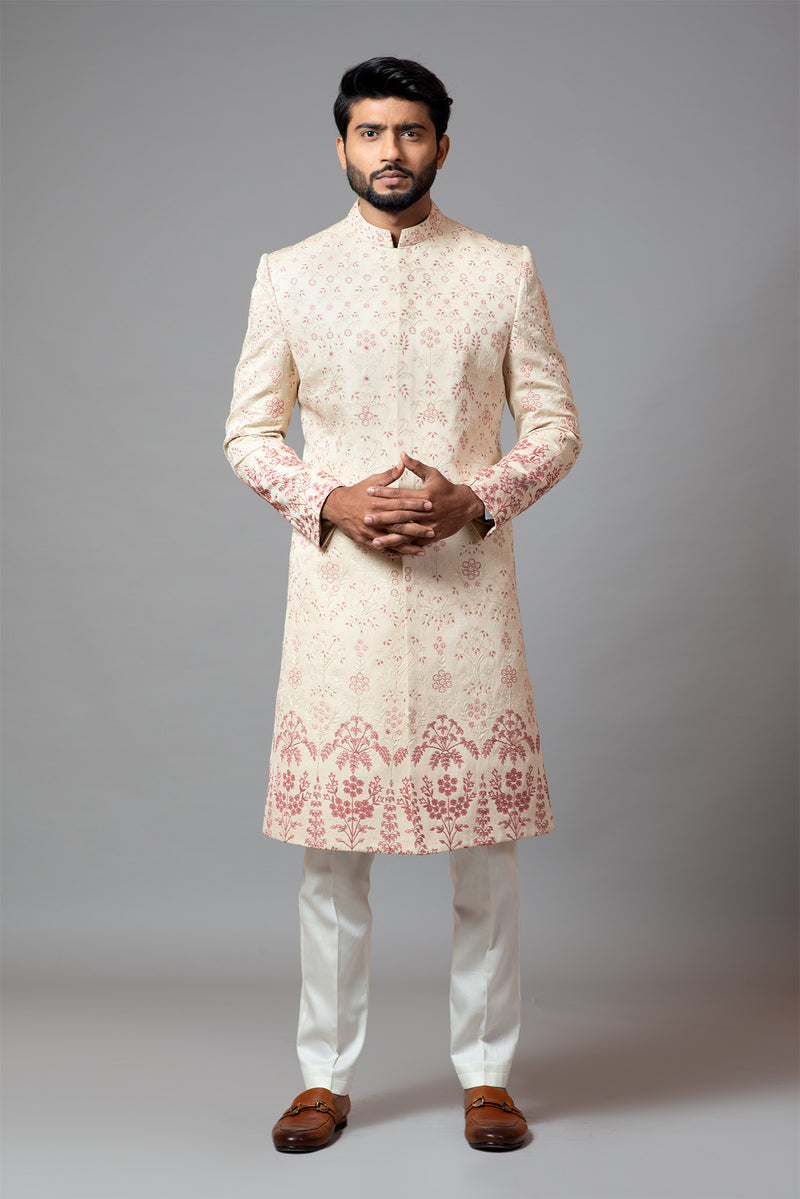 Floral Embroidered aari work Sherwani with Pant Pajama Set