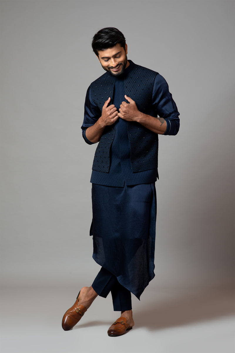 Navy Blue Kurta Kurta Pyjama Set With Nehru Jacket Nehru Kurta Pattern