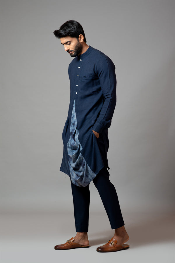 Front Slit Kurta With a Attached Tie Dye Drape Panel And Pant Pajama Set