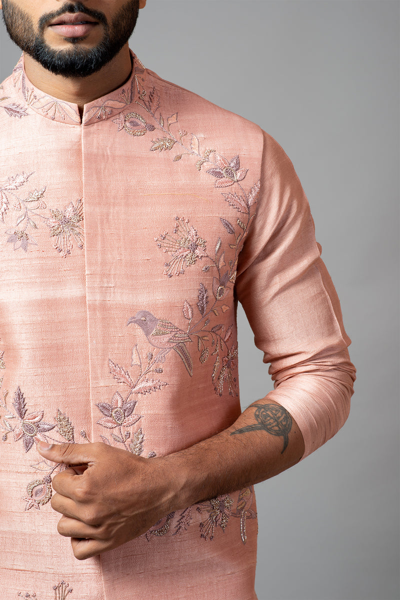 Onion pink Nehru Jacket with Jaal Embroidery.