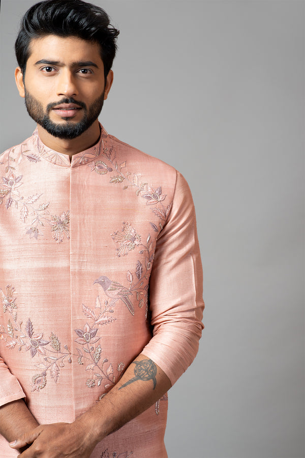 Onion pink Nehru Jacket with Jaal Embroidery.