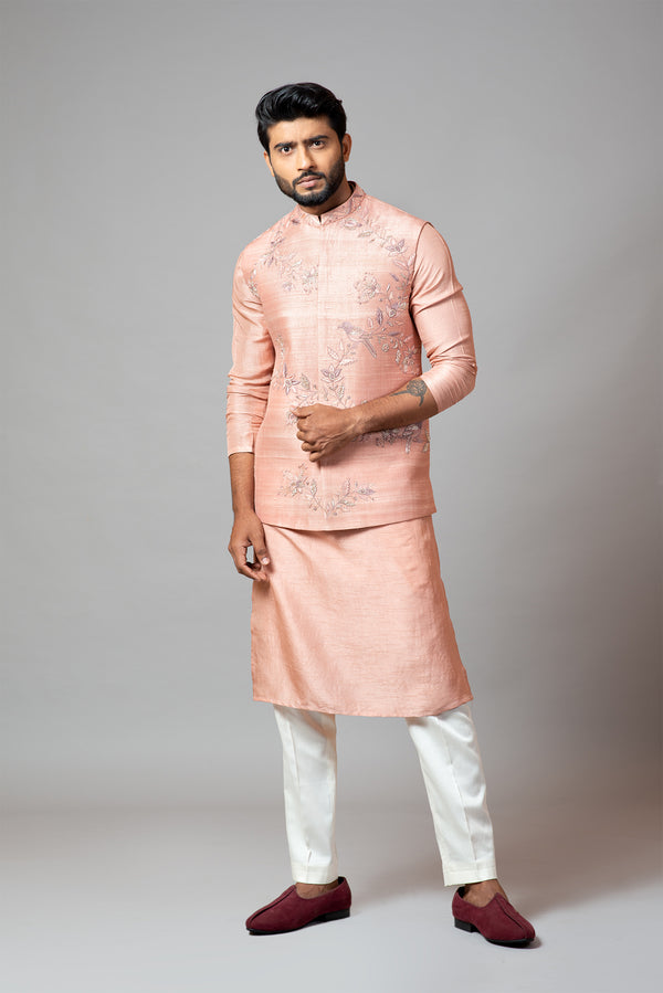 Onion pink Nehru Jacket with Jaal Embroidery.