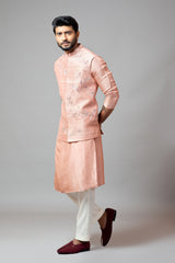 Onion pink Nehru jacket and kurta set with hand embroidery Set