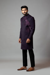 Achkan with Velvet Detailing and Rose Embroidery Set