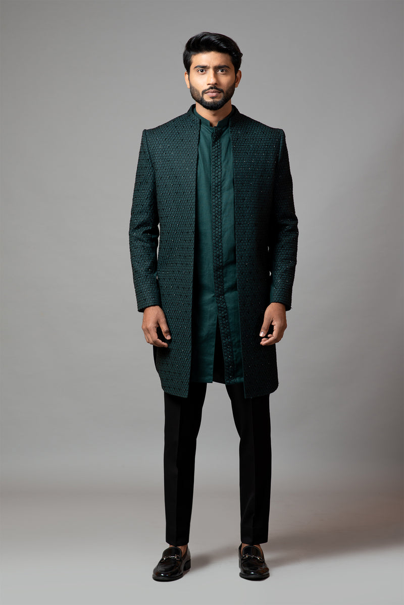 Menswear Straight Cut Fully Embroidered Achkan With Kurta And