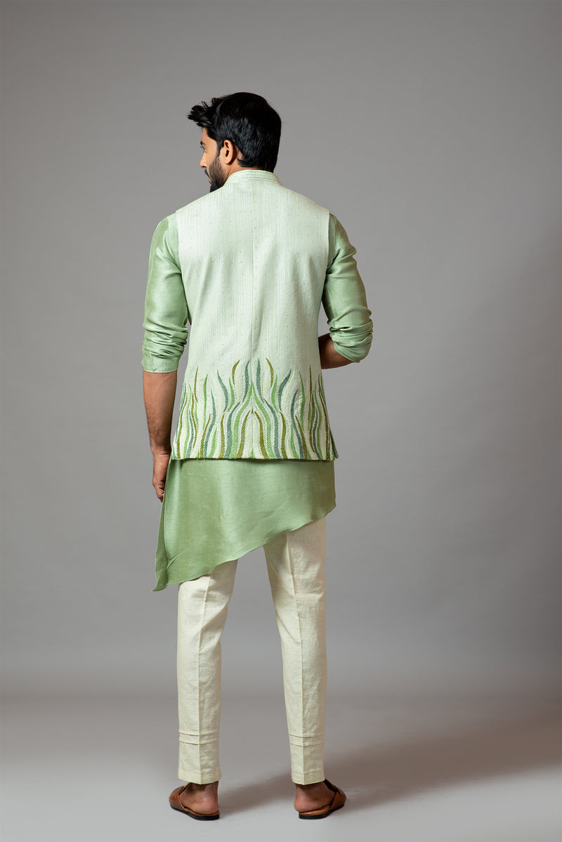 Stitchlines And Embroidered Nehru with Assymetric Kurta Set